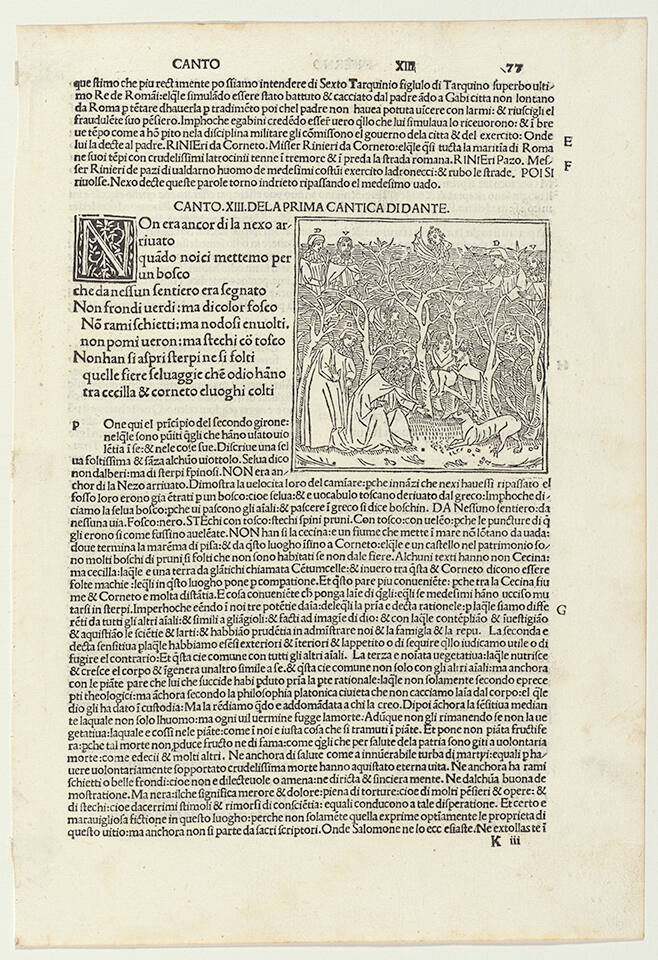 Leaf from La Commedia by Dante Alighieri (1265–1321)

Commentary by Cristoforo Landino; printed in Venice by Petrus de Plasiis, November 18, 1491