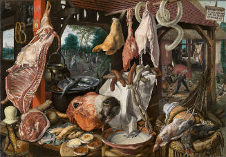 A Meat Stall with the Holy Family Giving Alms