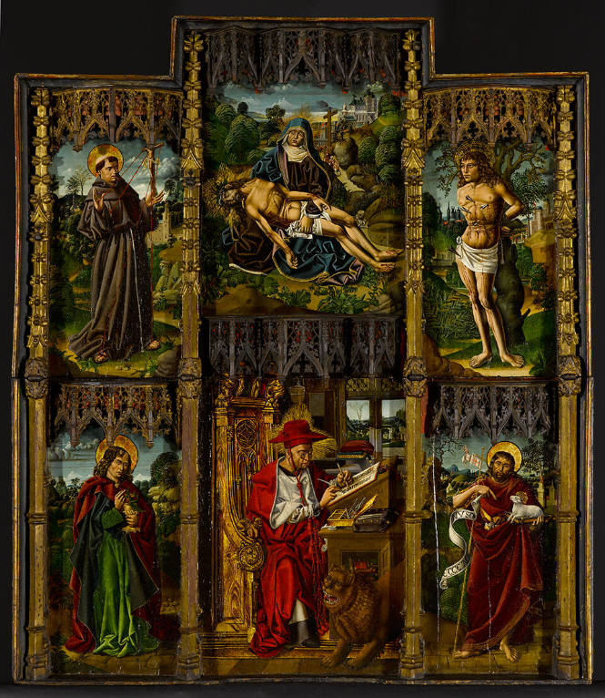 Portable double-sided altarpiece: (front) Saint Jerome and the Pietà Flanked by Four Saints; (back) The Visitation Flanked by Saints Ambrose and Augustine