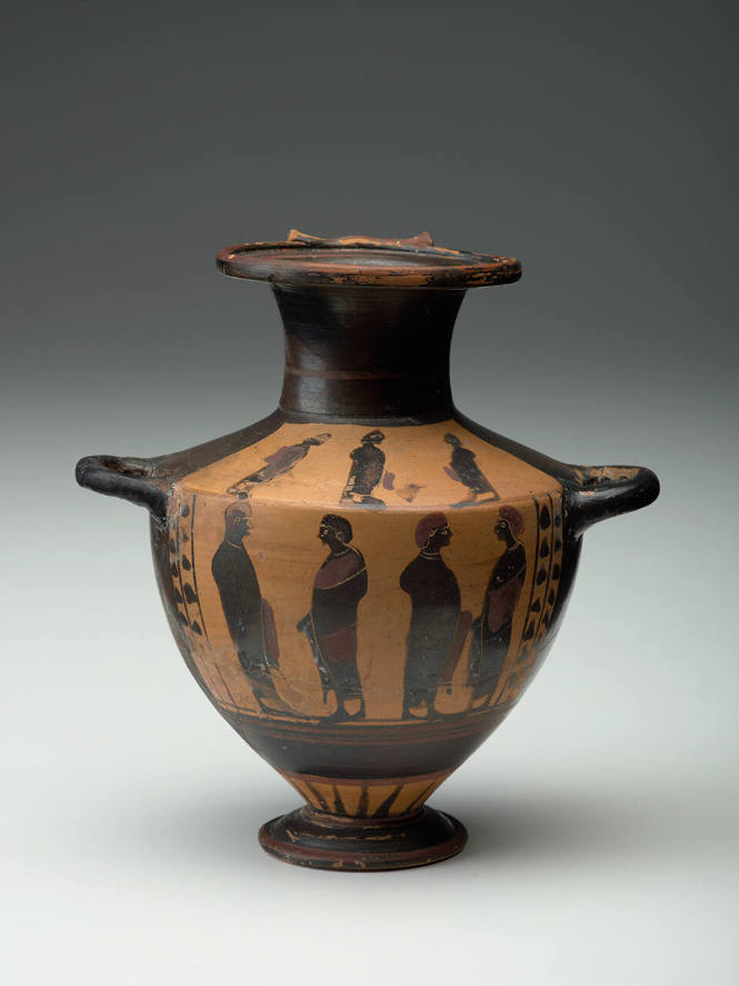Miniature hydria with draped youths