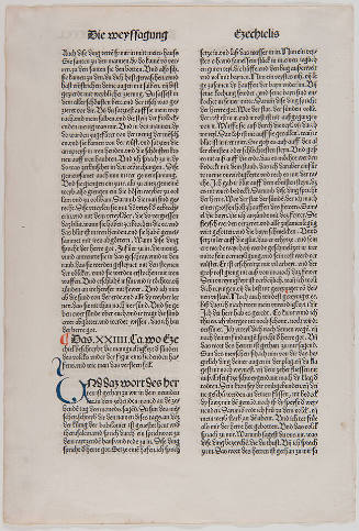 Leaf from the “Ninth German Bible”: folio CCCCIv, from Ezekiel 23–24; Imprint: Printed in Nuremberg by Anton Koberger, February 17, 1483