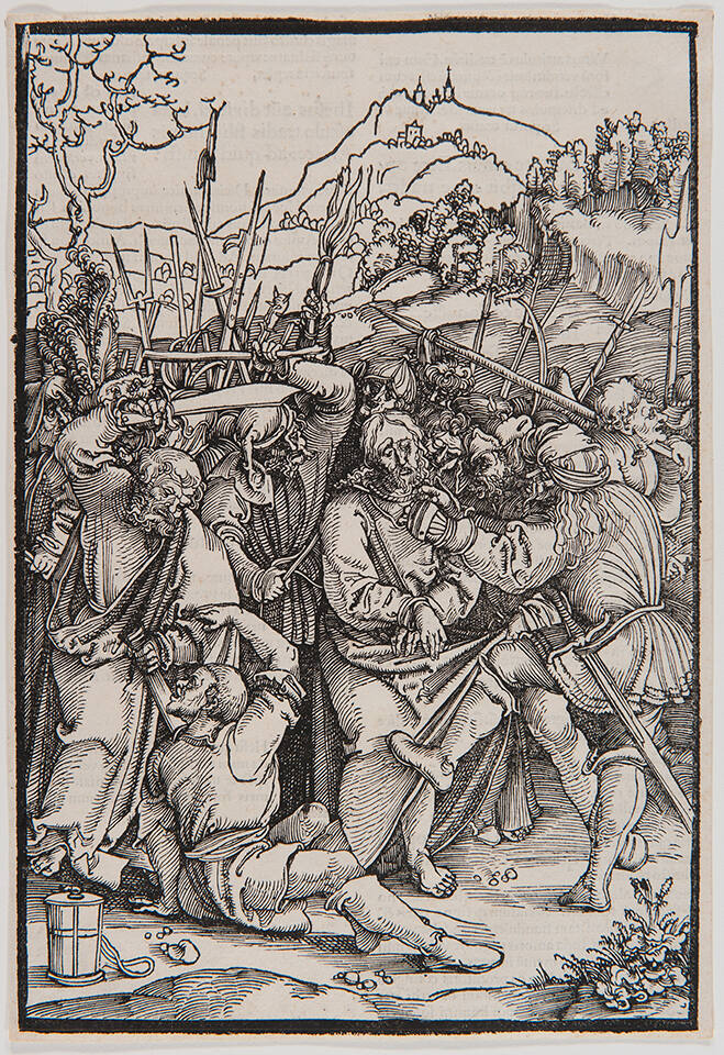 Detached woodcut from Speculum passionis domini nostri Ihesu Christi by Ulrich Pinder: The Betrayal of Christ; Imprint: Printed in Nuremberg by Friedrich Peypus, 1507