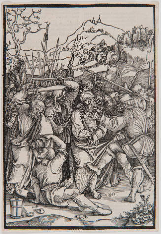 Detached woodcut from Speculum passionis domini nostri Ihesu Christi by Ulrich Pinder: The Betrayal of Christ; Imprint: Printed in Nuremberg by Friedrich Peypus, 1507