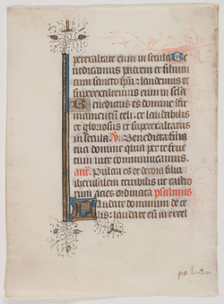 Leaf from a Book of Hours: From the Hours of the Virgin, Lauds, Song of the three children (Daniel 3), with antiphons, and psalm 148