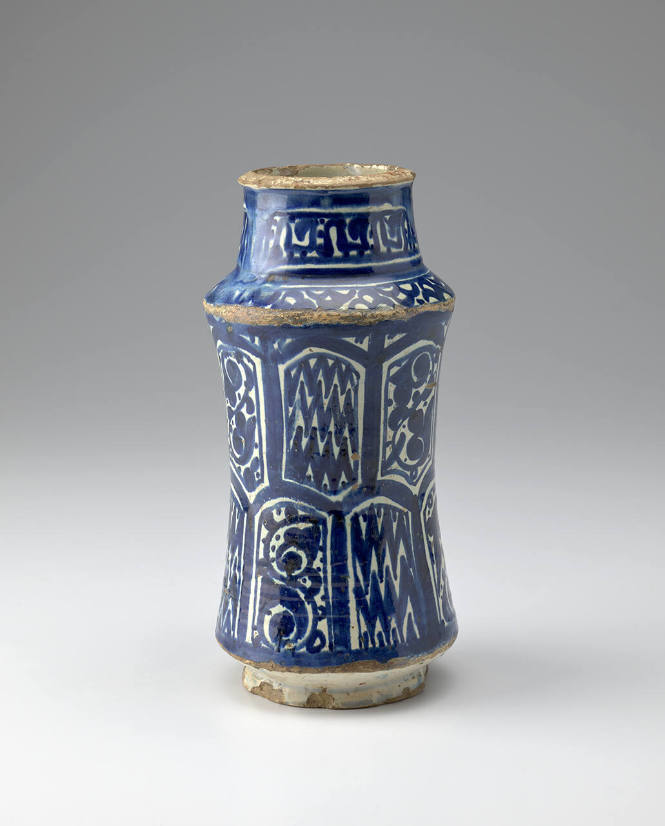 Pharmacy jar (albarello) with alternating fields of chevron and floral patterns