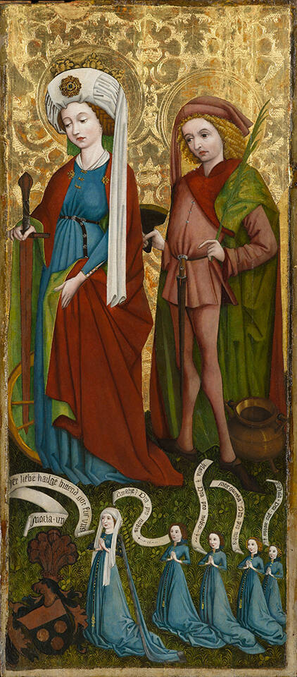 Wing of an altarpiece for Pfarrkirche St. Mauritius, Stein: Saints Catherine and Vitus with Anna von Freiberg and Daughters