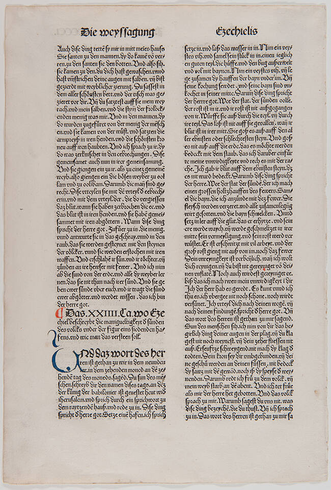 Leaf from the “Ninth German Bible”: folio CCCCIv, from Ezekiel 23–24; Imprint: Printed in Nuremberg by Anton Koberger, February 17, 1483