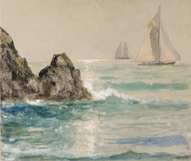 Untitled (coastal rocks with sailboats)