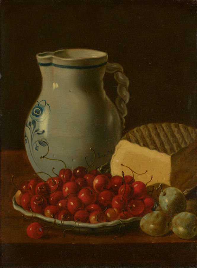 Still Life with a Plate of Cherries, Plums, Cheese, and a Pitcher