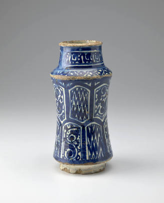 Pharmacy jar (albarello) with alternating fields of chevron and floral patterns