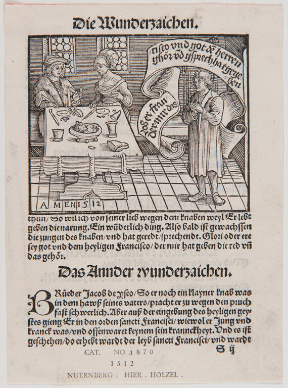 Leaf from Die Legend des heyligen Vatters Francisci (Legenda maior) by Bonaventure of Bagnaregio (1260-63): Chapter 8, “Those Freed from Various Illnesses”; Imprint: Printed in Nuremberg by Hieronymus Höltzel for the heirs of Caspar Rosentaler, April 7, 1512